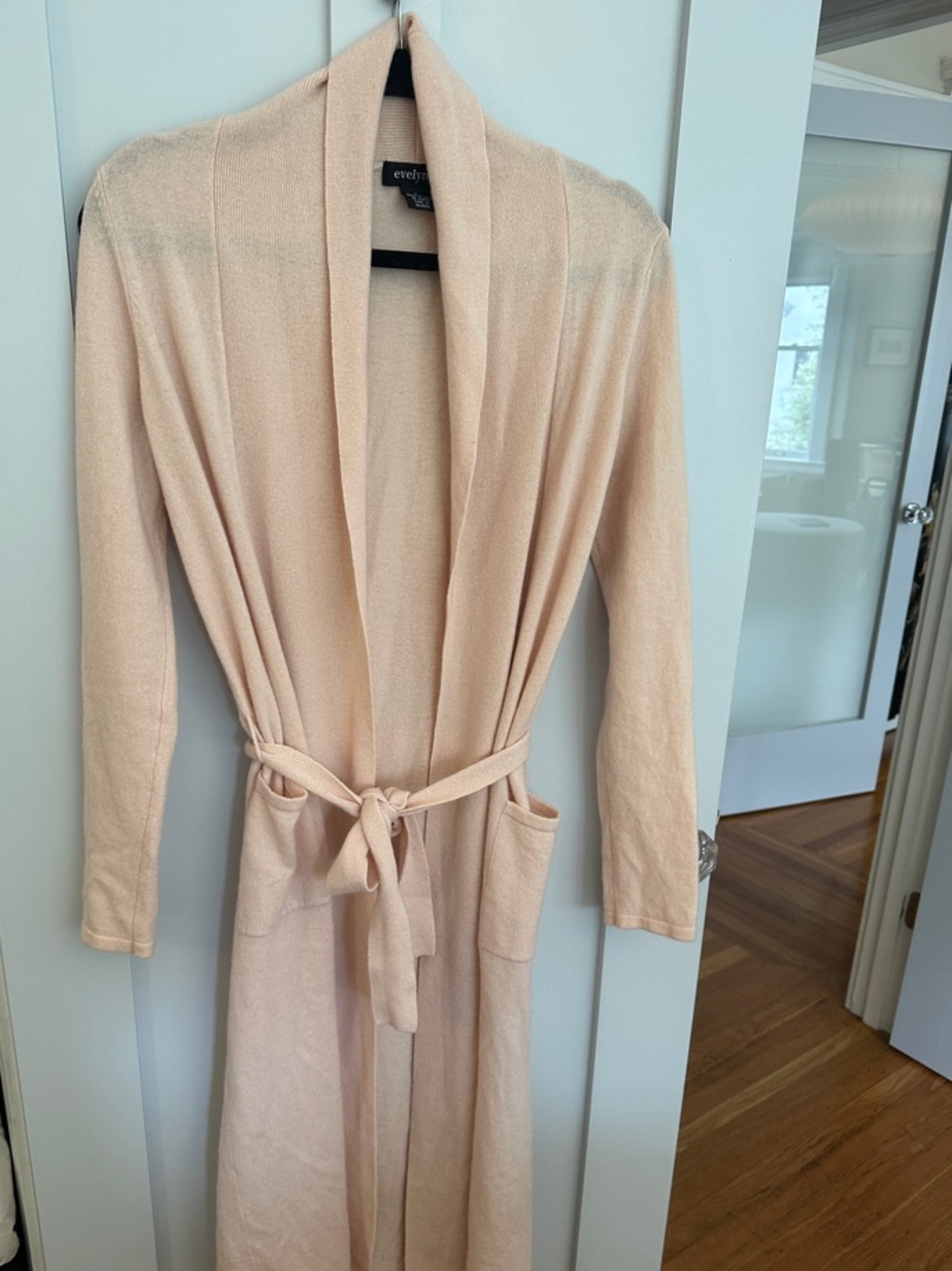 100% Cashmere Blush Knit Shawl-Collar Robe with Tie